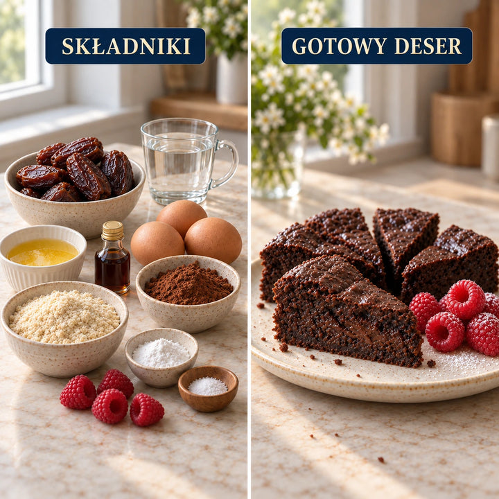 Składniki i gotowy deser czekoladowy